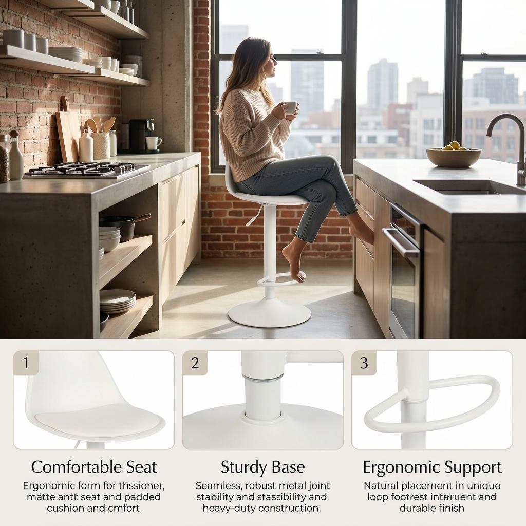 Modern Adjustable PU Bar Stool - TEBAR WHITE