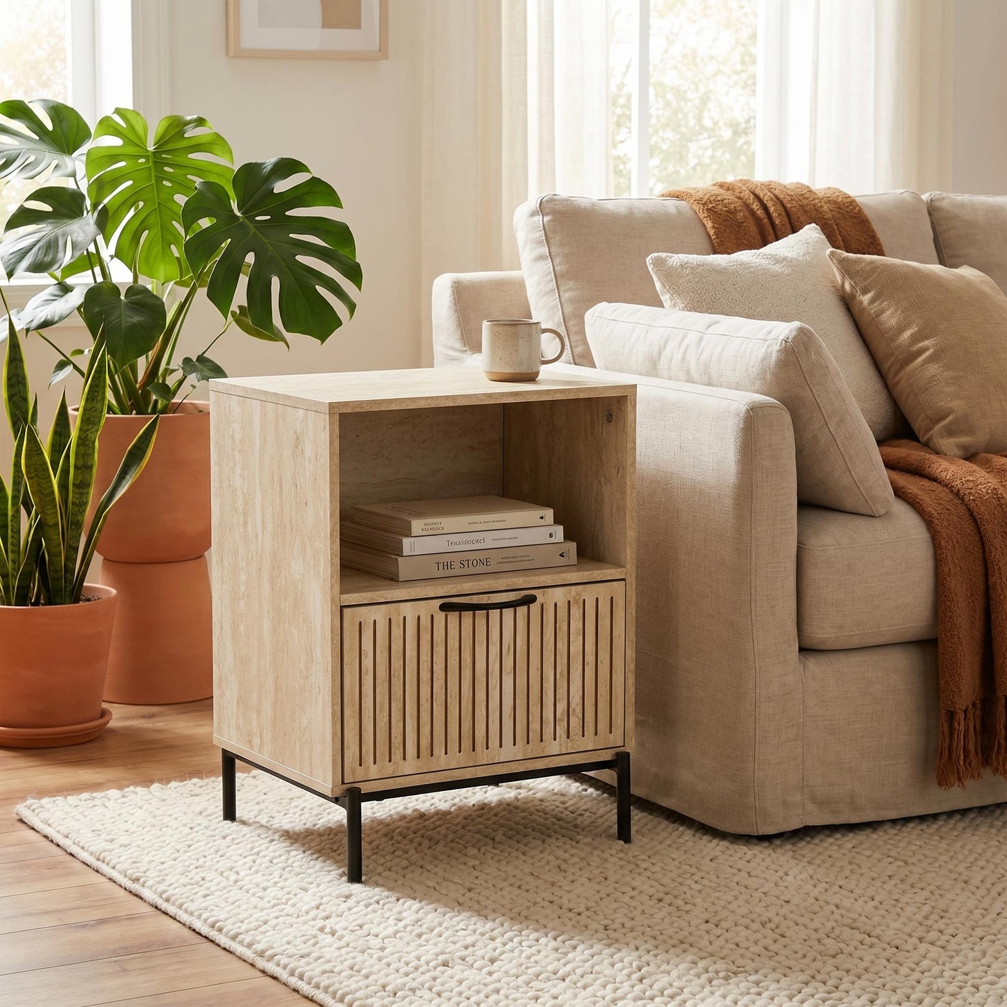 Naysay Modern Minimalist Nightstand, MDF & Metal Frame - THESTAIN
