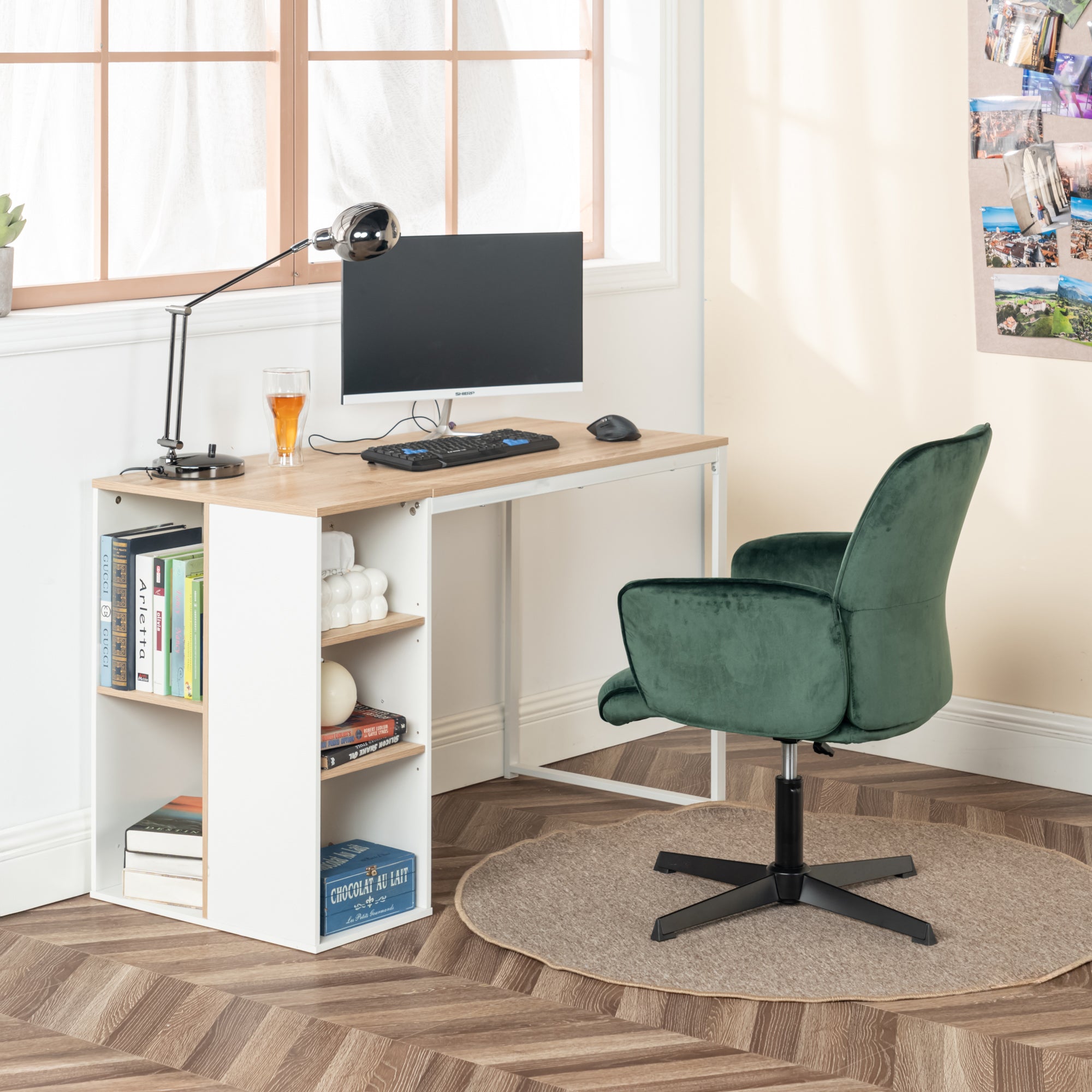 Modern Velvet Office Chair, Adjustable Swivel - THOMASINA RELAX GREEN