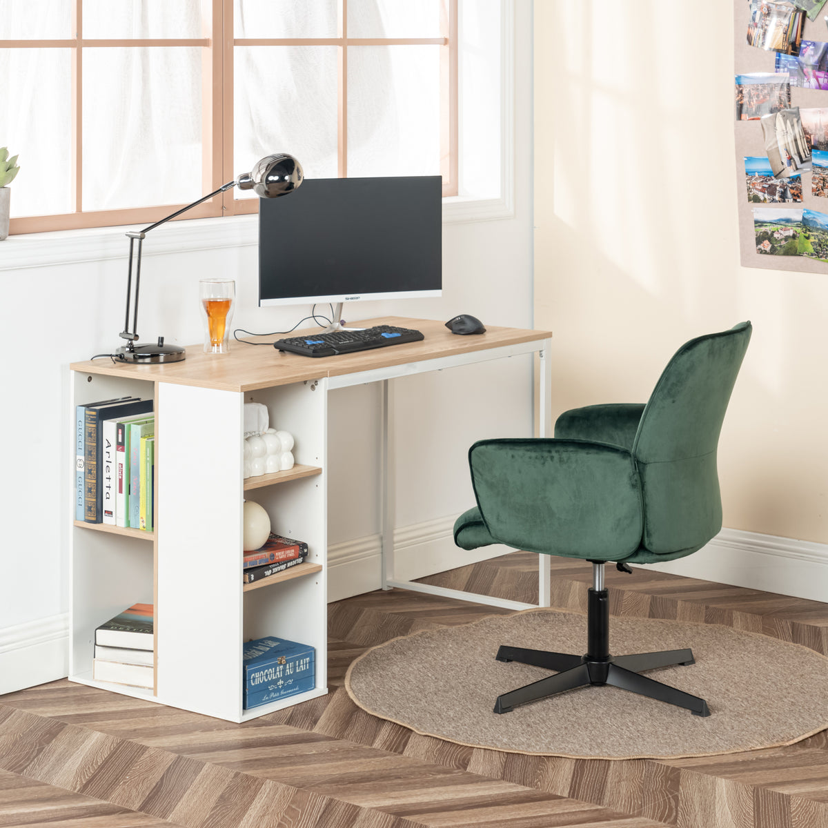 Modern Velvet Office Chair, Adjustable Swivel - THOMASINA RELAX GREEN