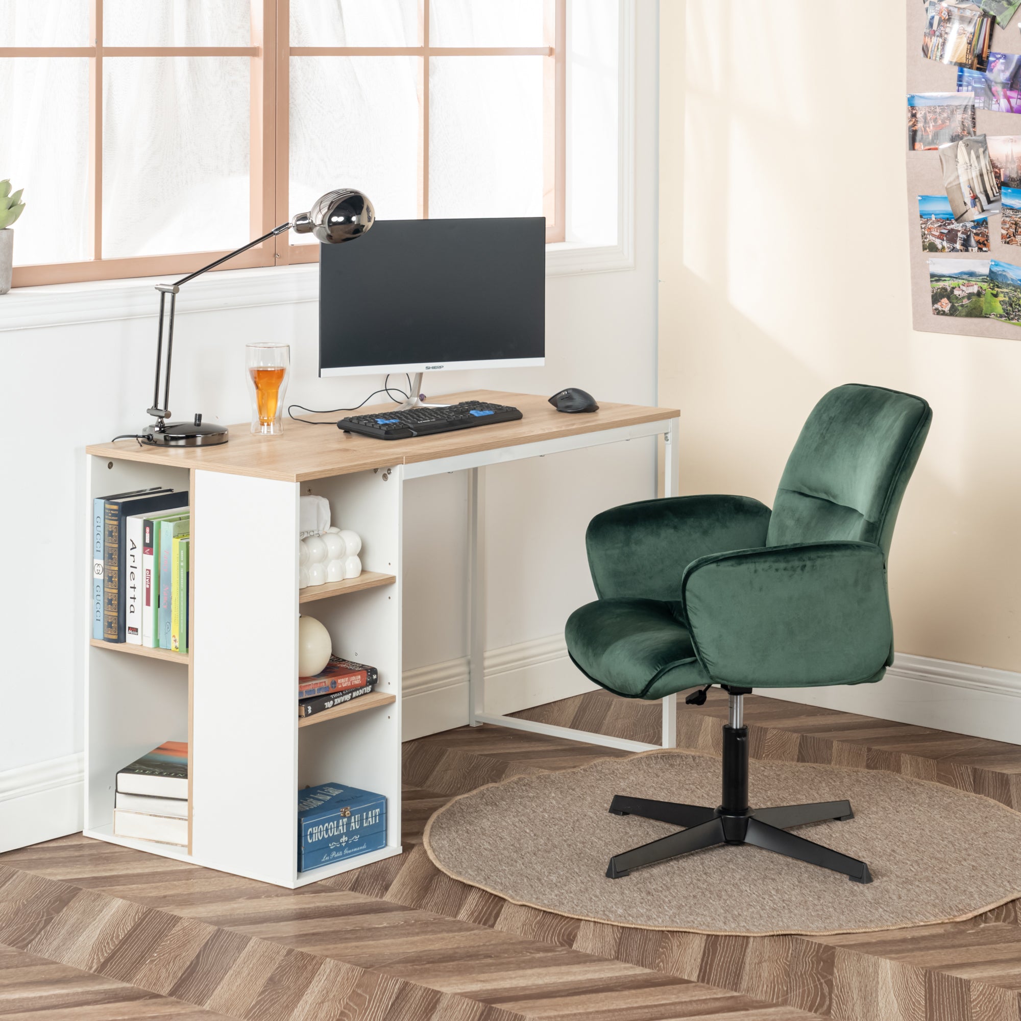 Modern Velvet Office Chair, Adjustable Swivel - THOMASINA RELAX GREEN