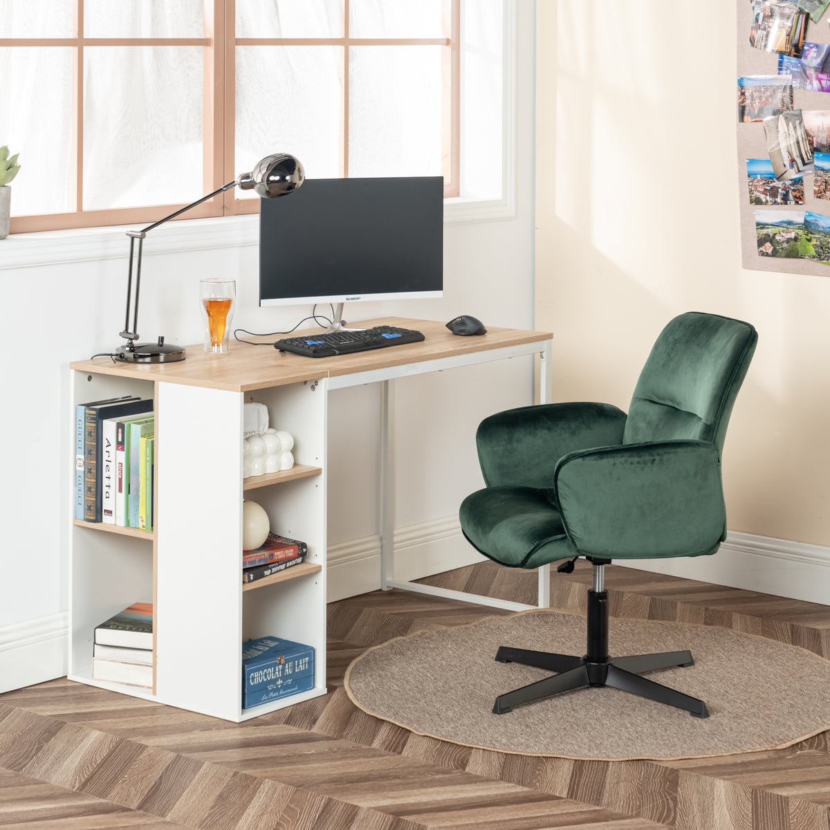 Modern Velvet Office Chair, Adjustable Swivel - THOMASINA RELAX GREEN
