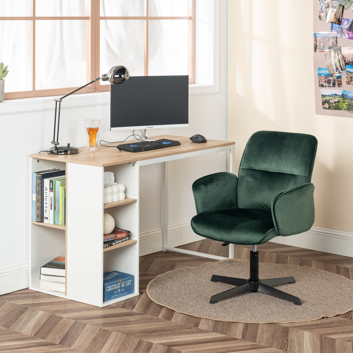 Modern Velvet Office Chair, Adjustable Swivel - THOMASINA RELAX GREEN