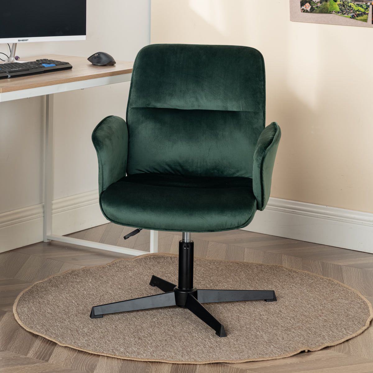 Modern Velvet Office Chair, Adjustable Swivel - THOMASINA RELAX GREEN