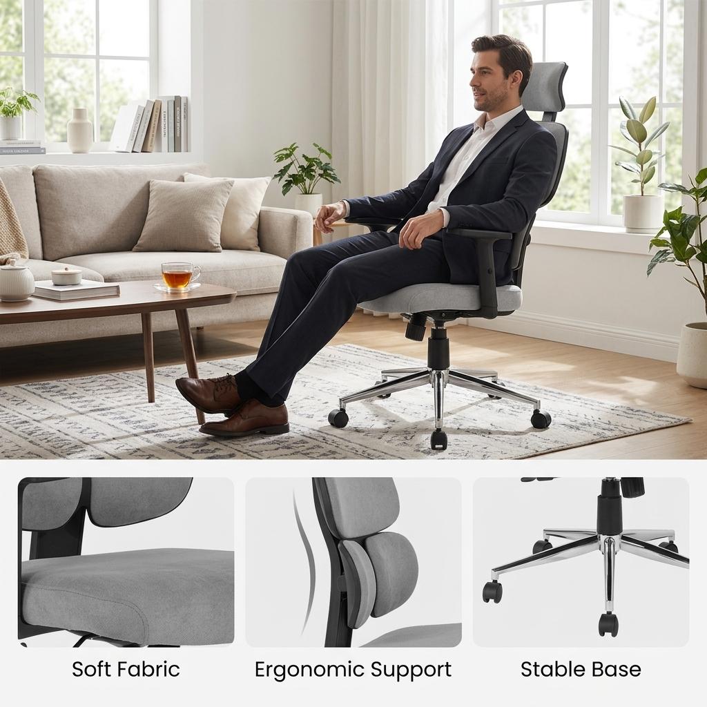 Modern Ergonomic Office Chair, Adjustable Grey Fabric - TIKITERE GRIS