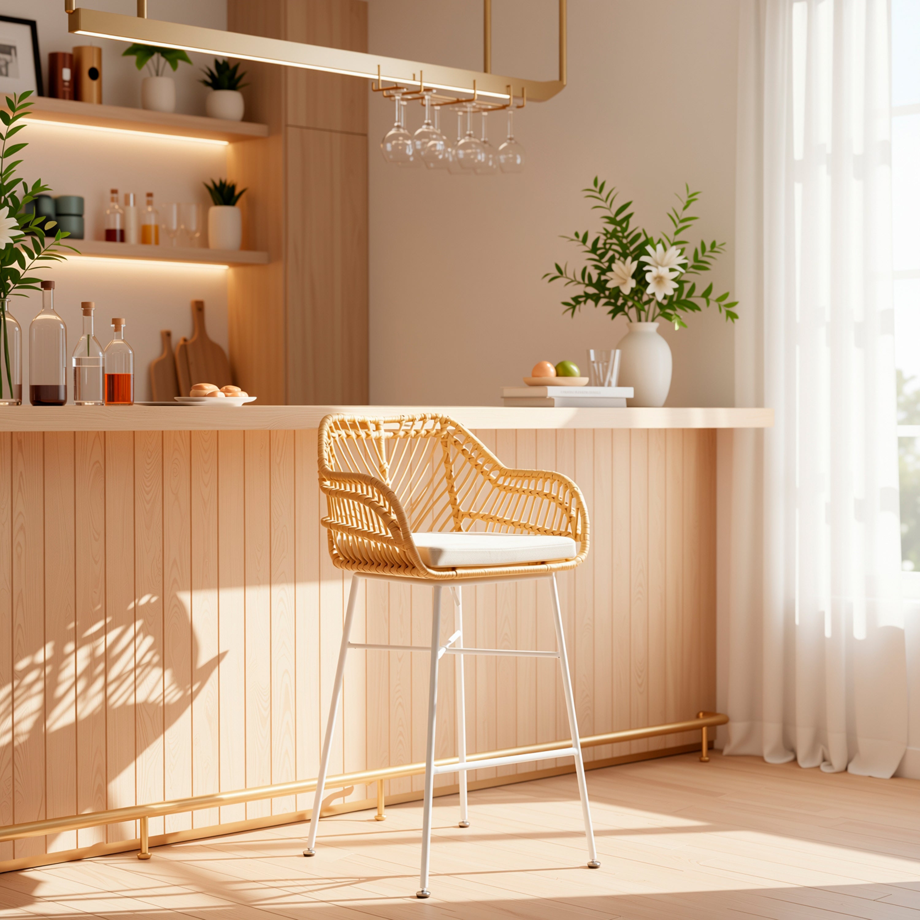 Modern Rattan Barstool, Ivory Metal Legs – TIVEN