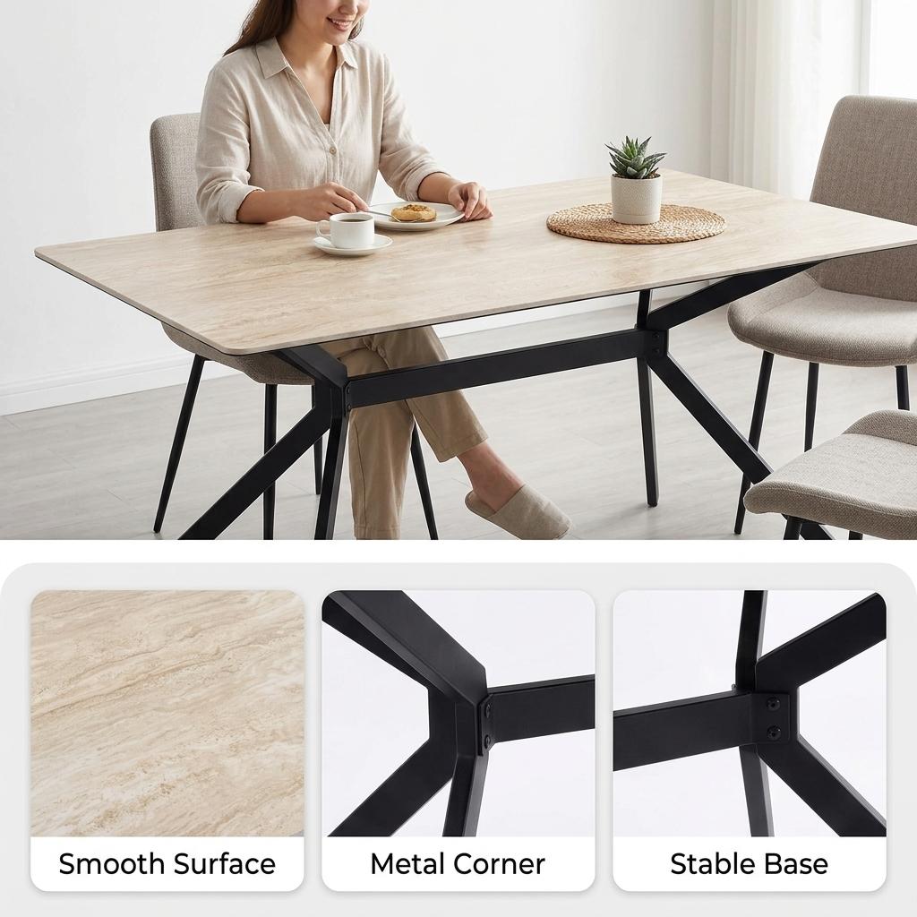 Modern Dining Table, Sintered Stone Top, Warm Grey Metal Legs - TOMIC 140 BEIGE