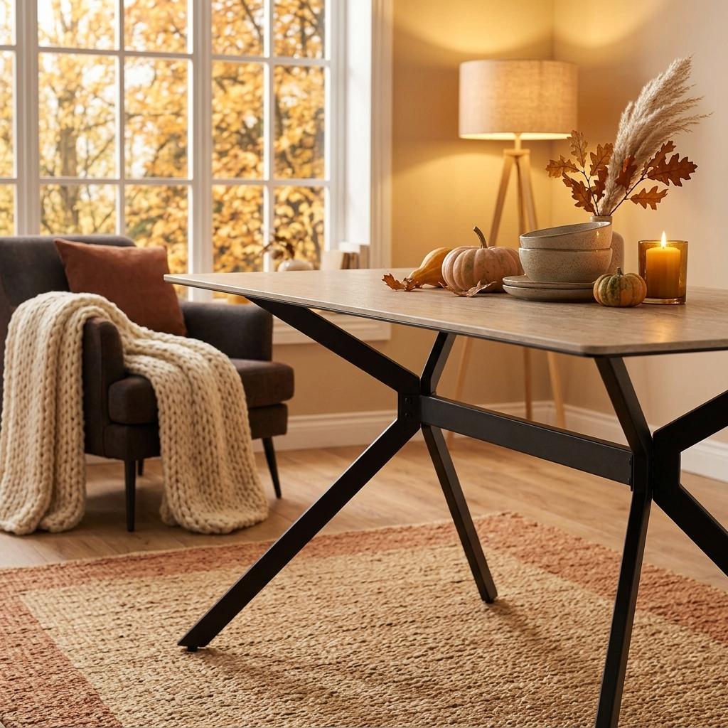 Modern Dining Table, Sintered Stone Top, Warm Grey Metal Legs - TOMIC 140 BEIGE