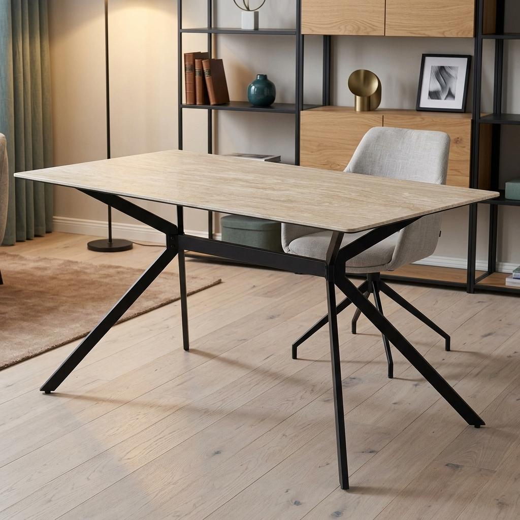 Modern Dining Table, Sintered Stone Top, Warm Grey Metal Legs - TOMIC 140 BEIGE