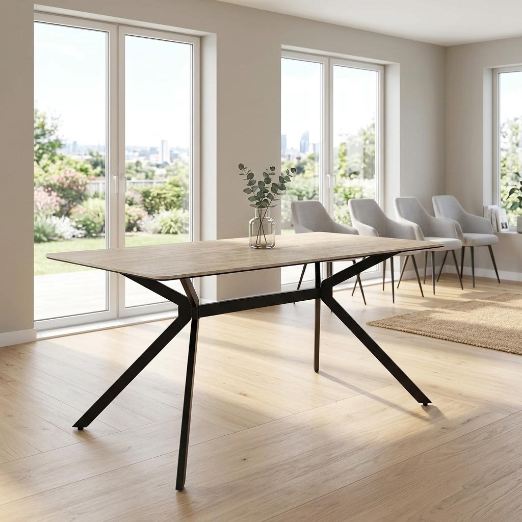 Modern Dining Table, Sintered Stone Top, Warm Grey Metal Legs - TOMIC 140 BEIGE