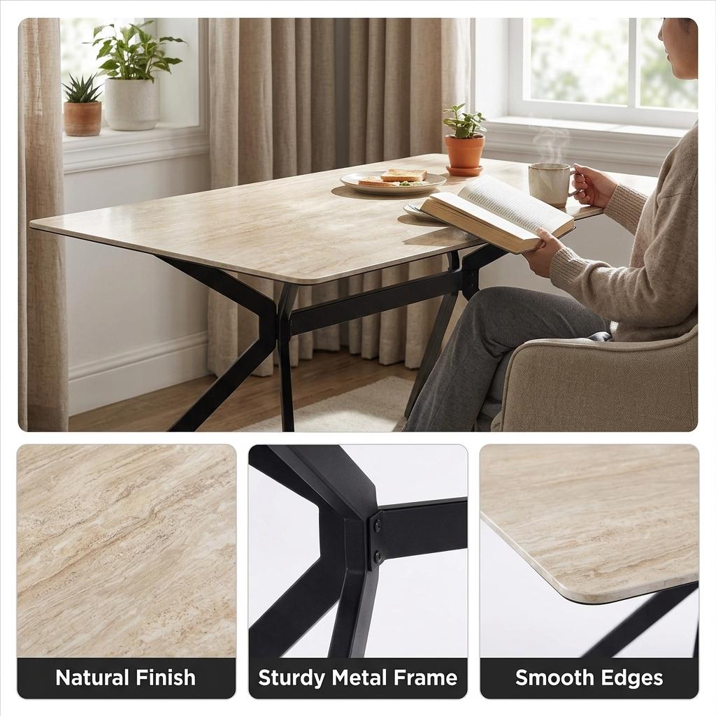 Modern Minimalist Dining Table, Sintered Stone Top, Warm Grey Metal Legs - TOMIC 160 BEIGE