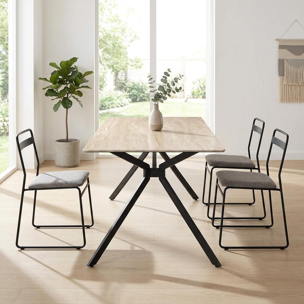 Modern Minimalist Dining Table, Sintered Stone Top, Warm Grey Metal Legs - TOMIC 160 BEIGE