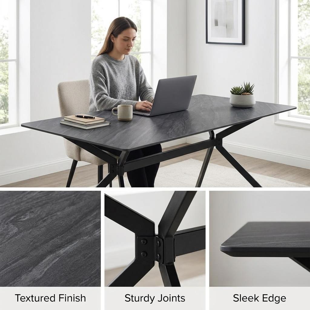 Modern Minimalist Dining Table, Sintered Stone Top, Metal Frame - Tomichi 160 Grey