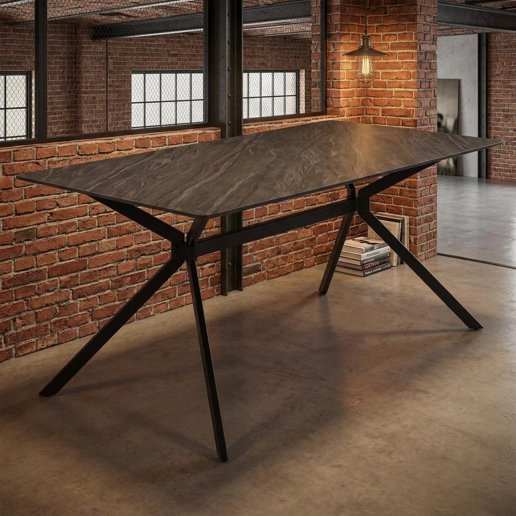 Modern Minimalist Dining Table, Sintered Stone Top, Metal Frame - Tomichi 160 Grey