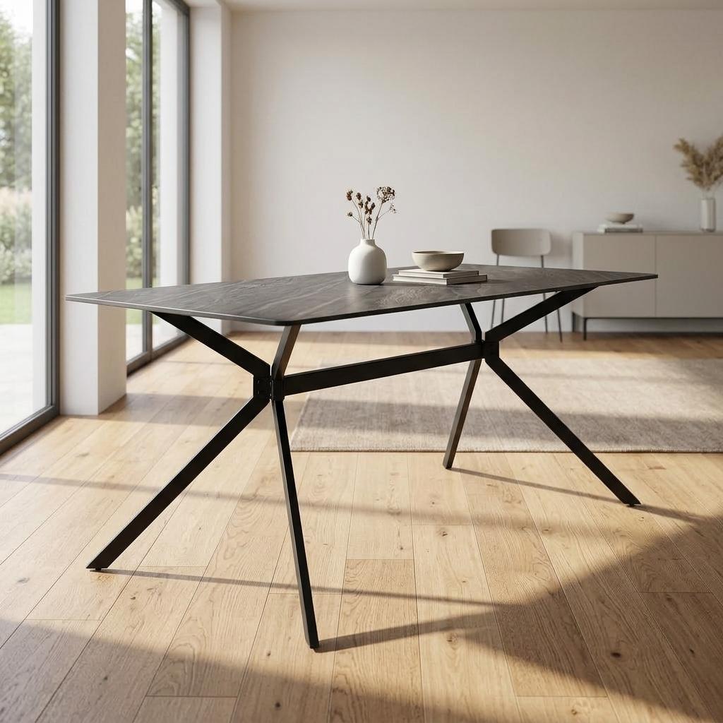 Modern Minimalist Dining Table, Sintered Stone Top, Metal Frame - Tomichi 160 Grey