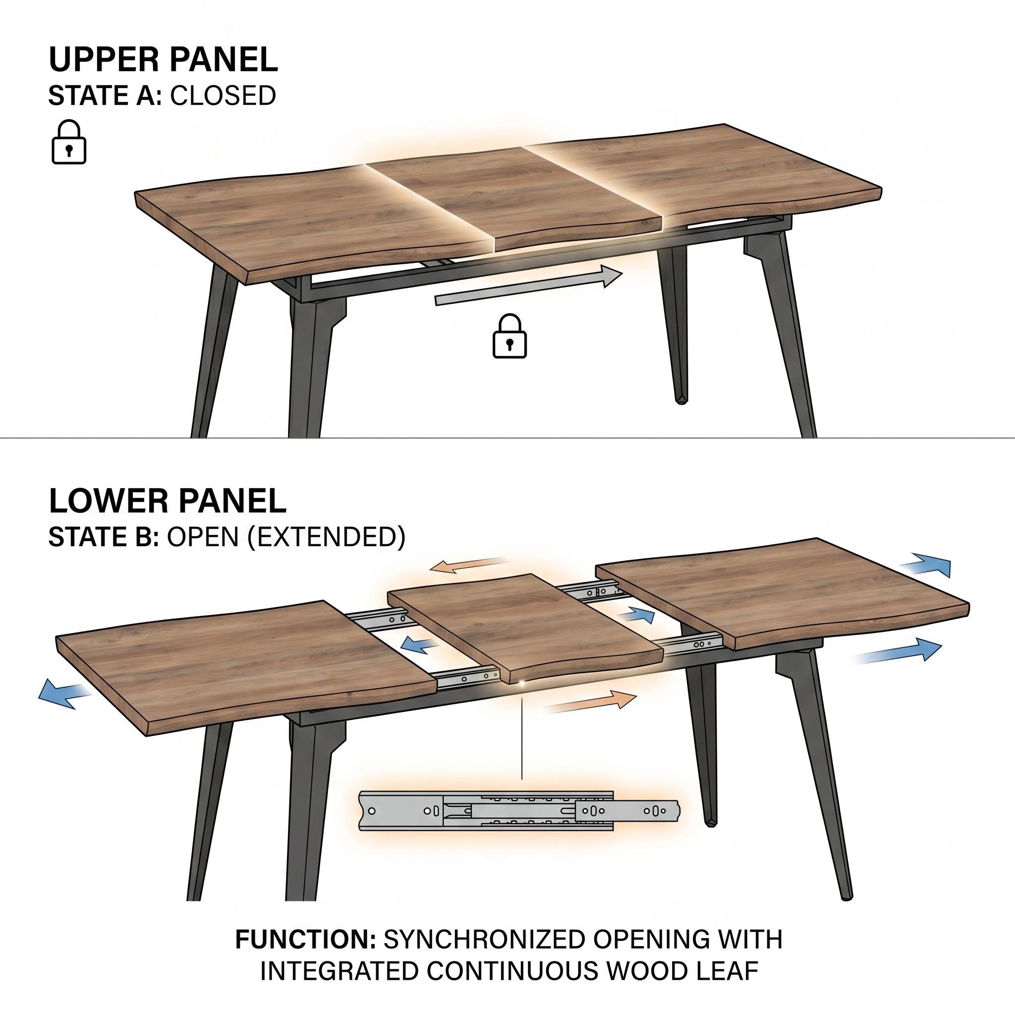 Modern Extendable Dining Table, MDF Wood, Black Metal Legs - TROWA NL