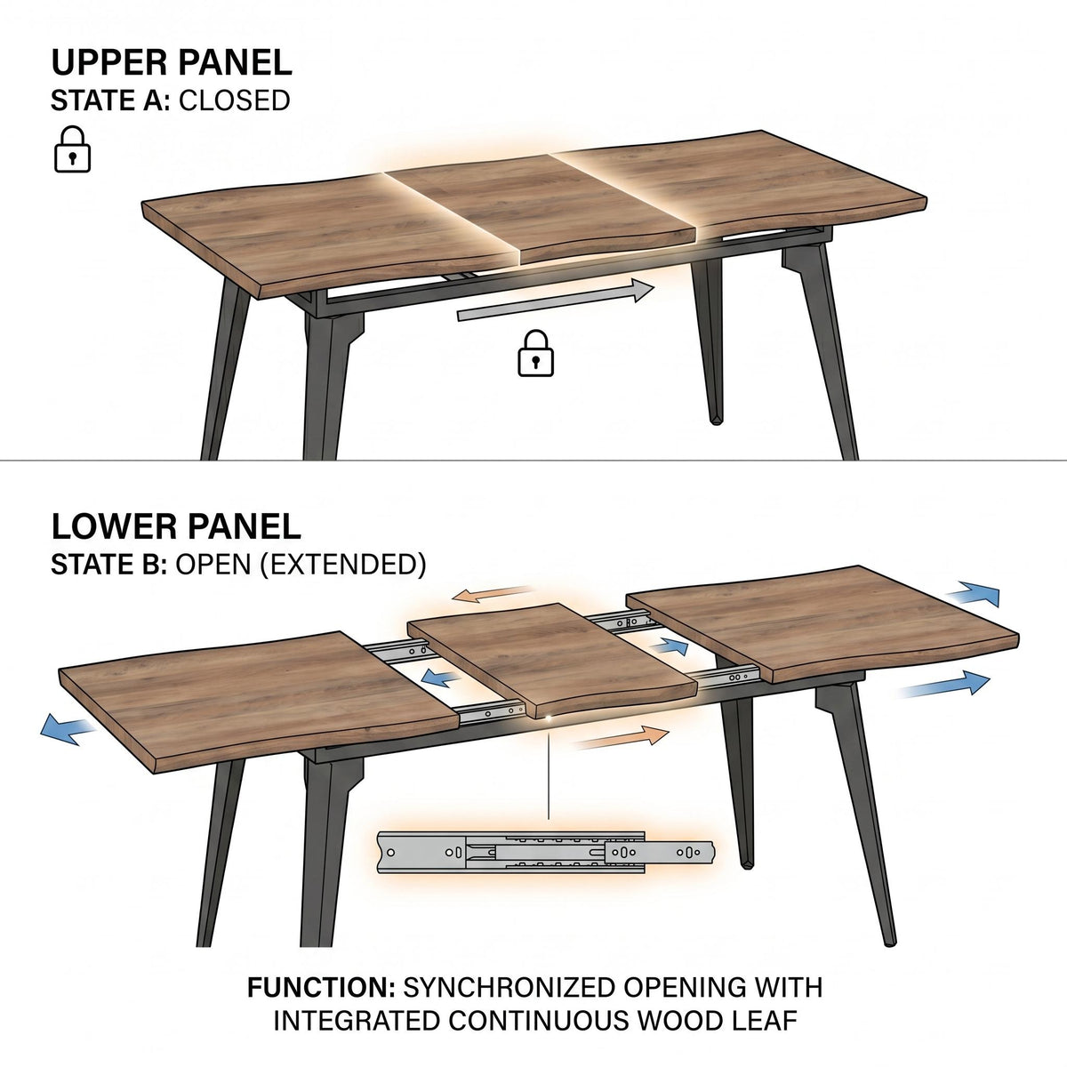 Modern Extendable Dining Table, MDF Wood, Black Metal Legs - TROWA NL