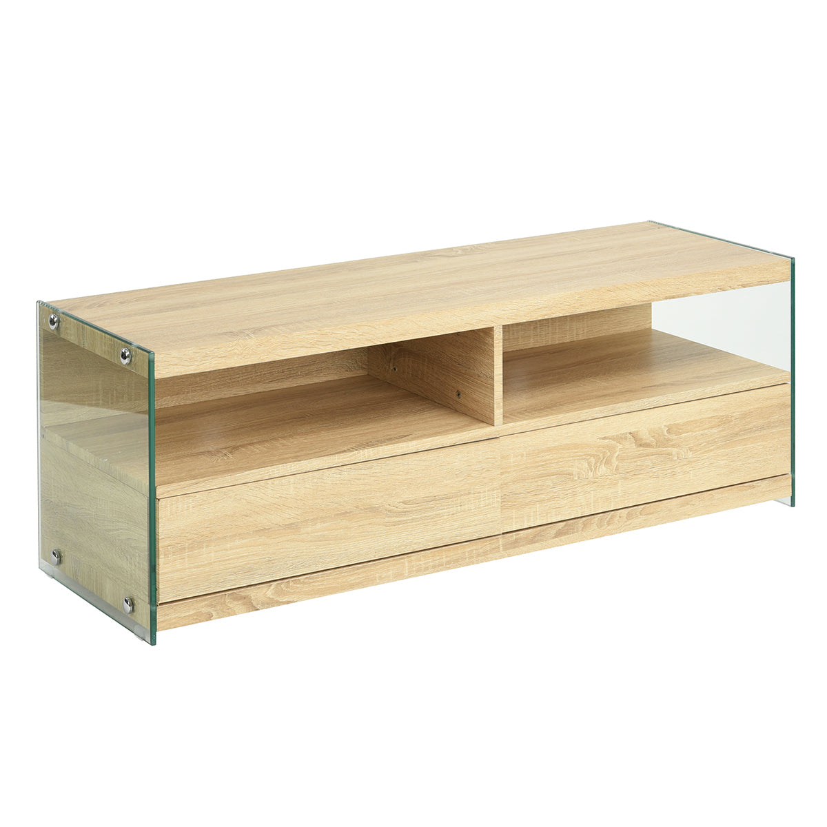Modern Oak TV Stand, Tempered Glass Frame - VINE OAK