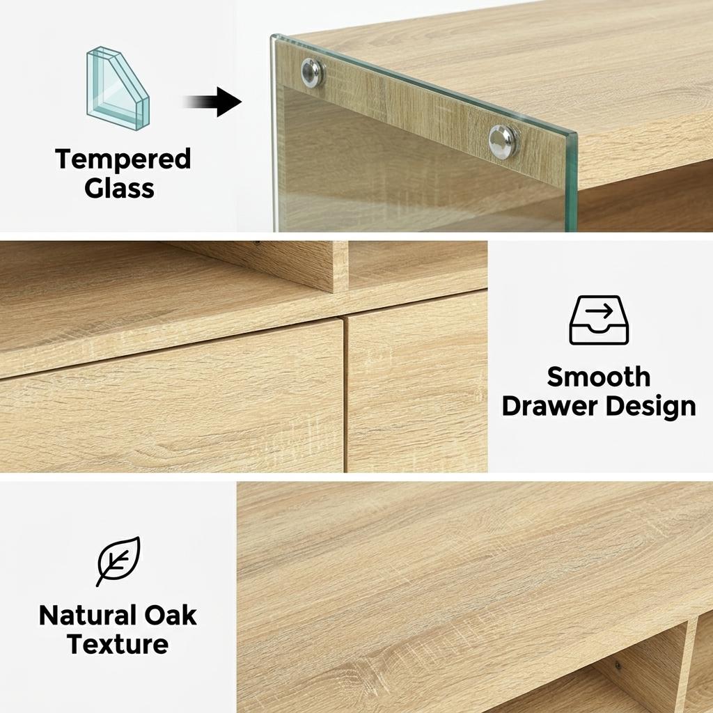 Modern Oak TV Stand, Tempered Glass Frame - VINE OAK
