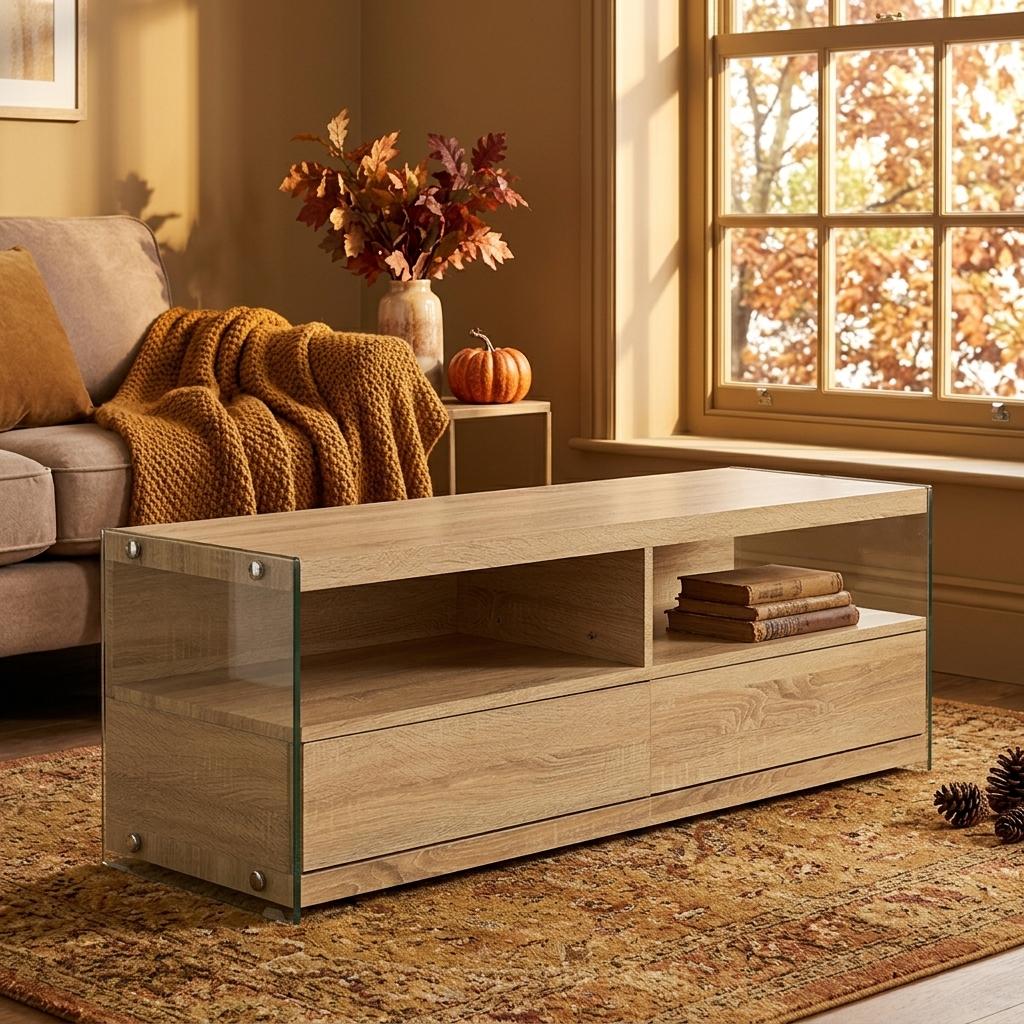 Modern Oak TV Stand, Tempered Glass Frame - VINE OAK