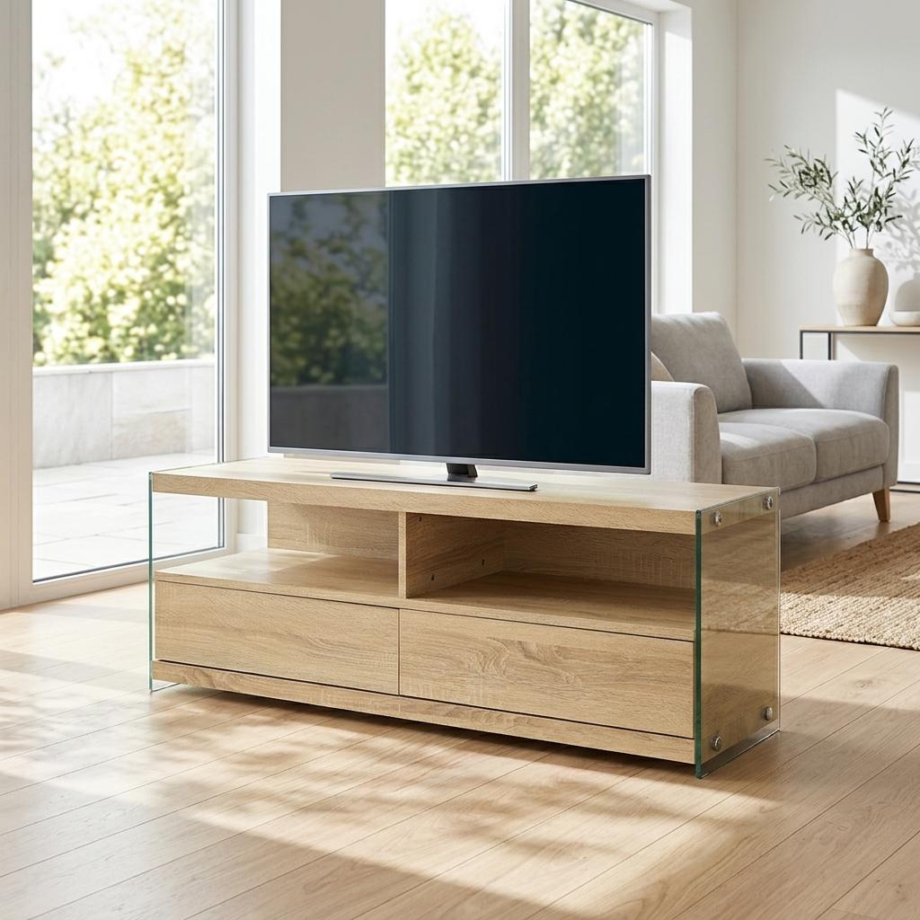 Modern Oak TV Stand, Tempered Glass Frame - VINE OAK