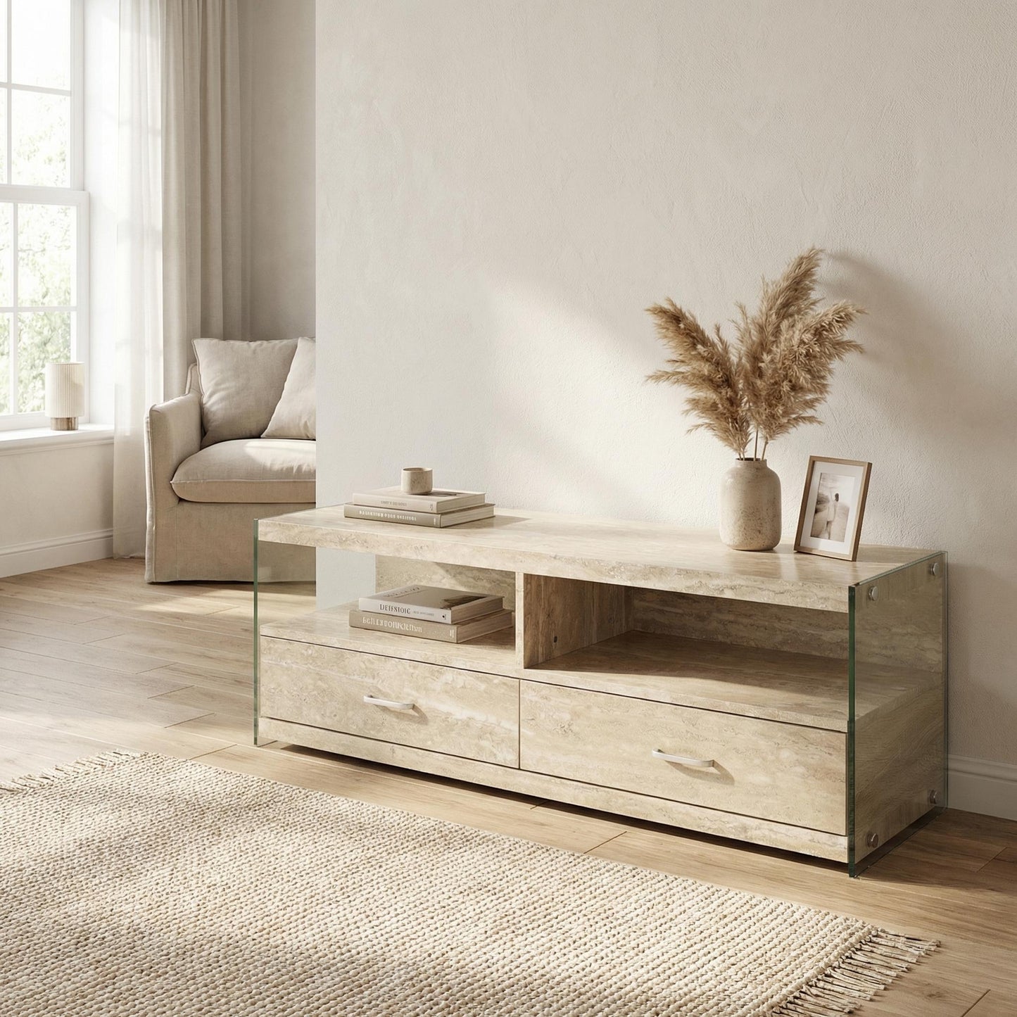 Nominately Modern Floating TV Stand, Beige Hollow Panel - VINE TRAVERTINE