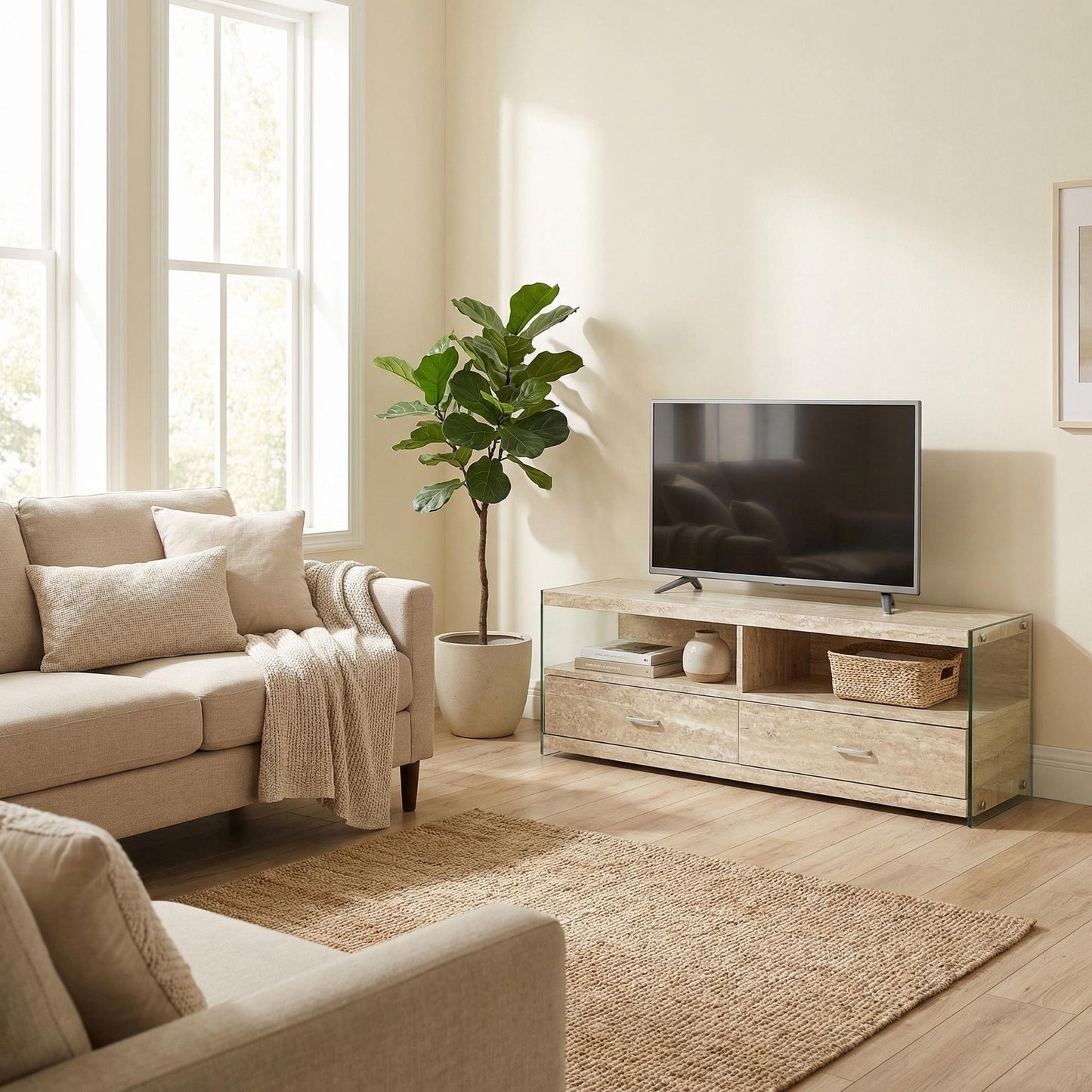 Nominately Modern Floating TV Stand, Beige Hollow Panel - VINE TRAVERTINE