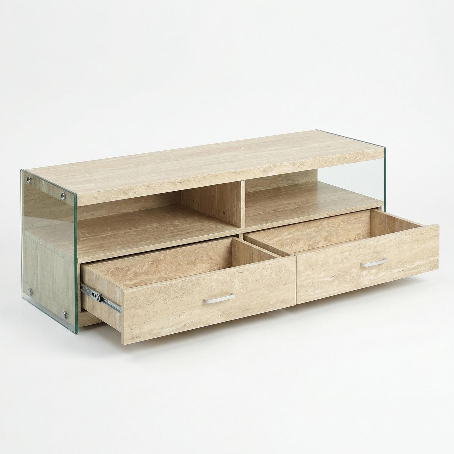 Nominately Modern Floating TV Stand, Beige Hollow Panel - VINE TRAVERTINE