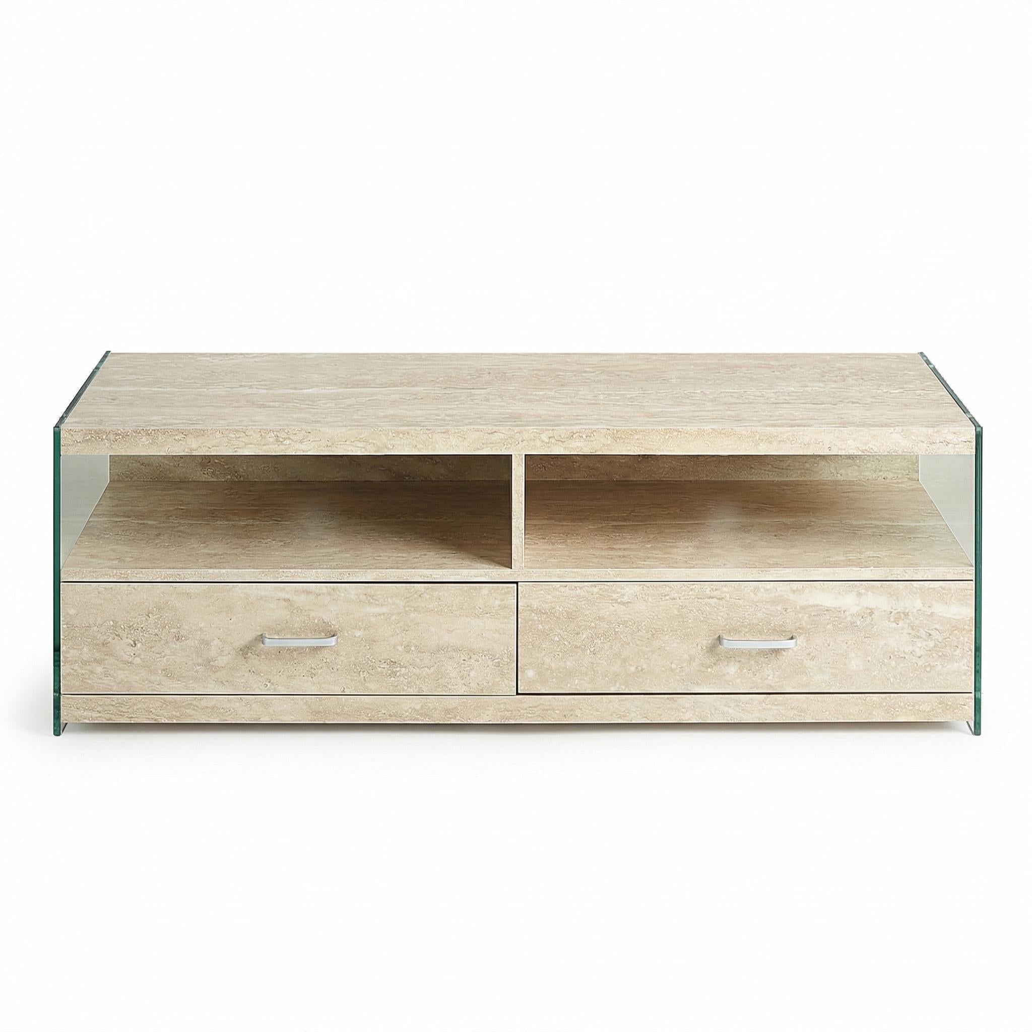 Nominately Modern Floating TV Stand, Beige Hollow Panel - VINE TRAVERTINE