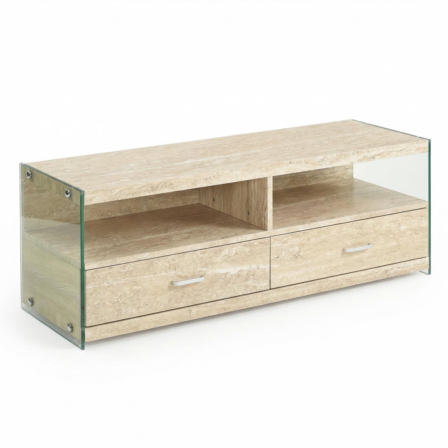 Nominately Modern Floating TV Stand, Beige Hollow Panel - VINE TRAVERTINE