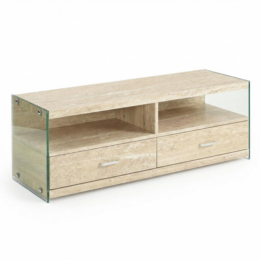 Nominately Modern Floating TV Stand, Beige Hollow Panel - VINE TRAVERTINE