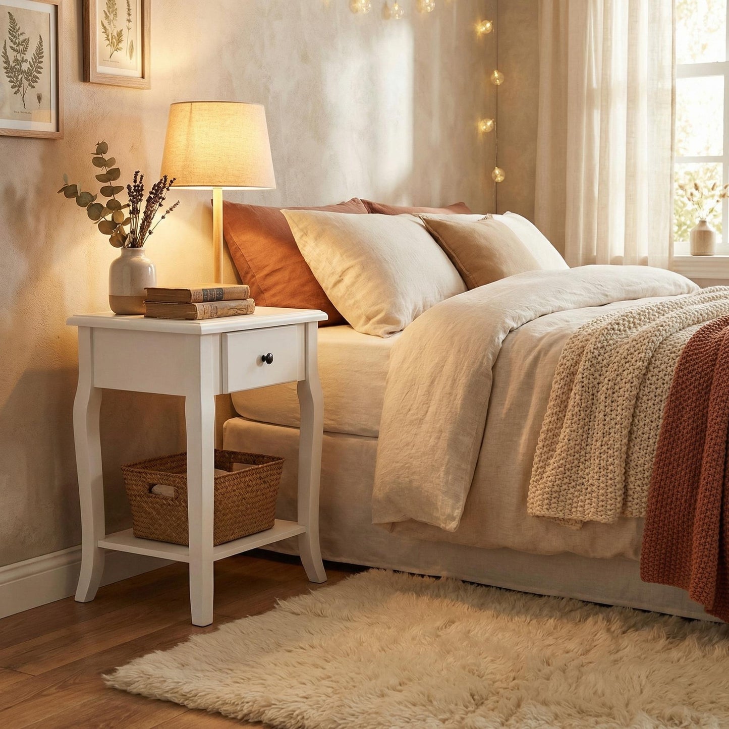 Classic White Wooden Nightstand with Drawer - VIRAQ