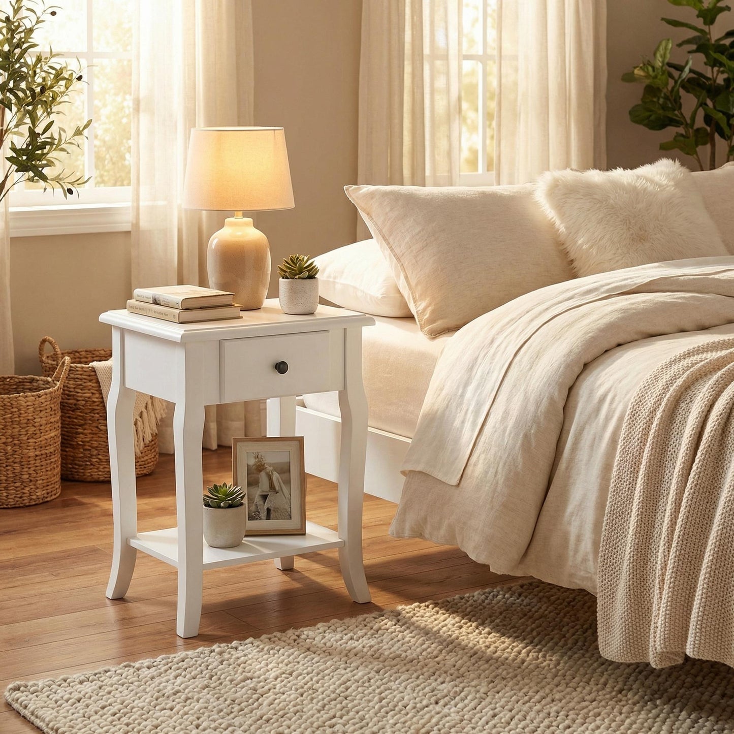 Classic White Wooden Nightstand with Drawer - VIRAQ