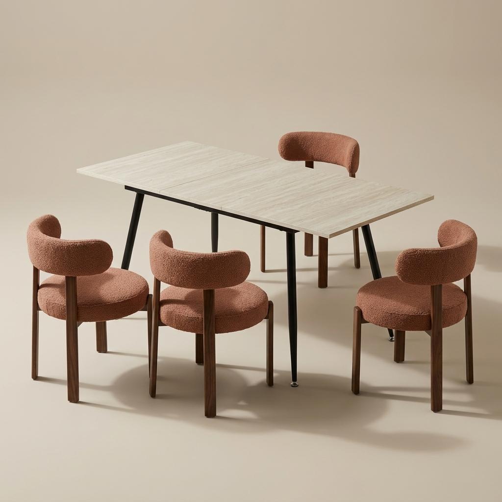 White Travertine Extendable Dining Table  –  WHALEN WHITE TRAVERTINE STRETCH TABLE BLACK LEG