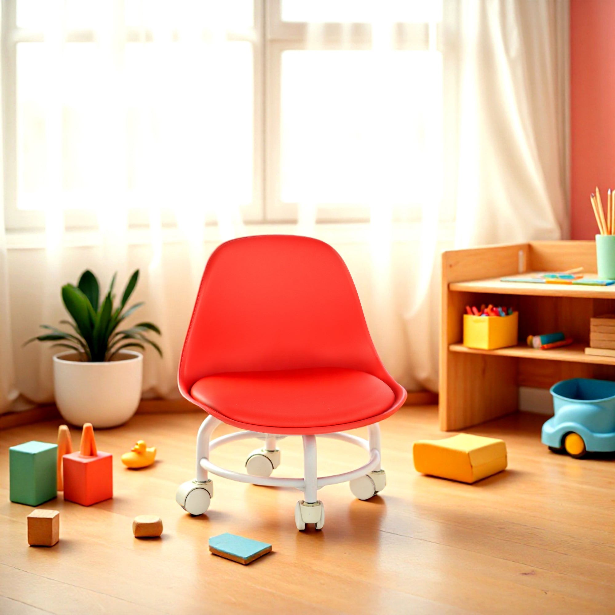 Modern Red Rolling Stool, Metal & PP Seat - WINNEY