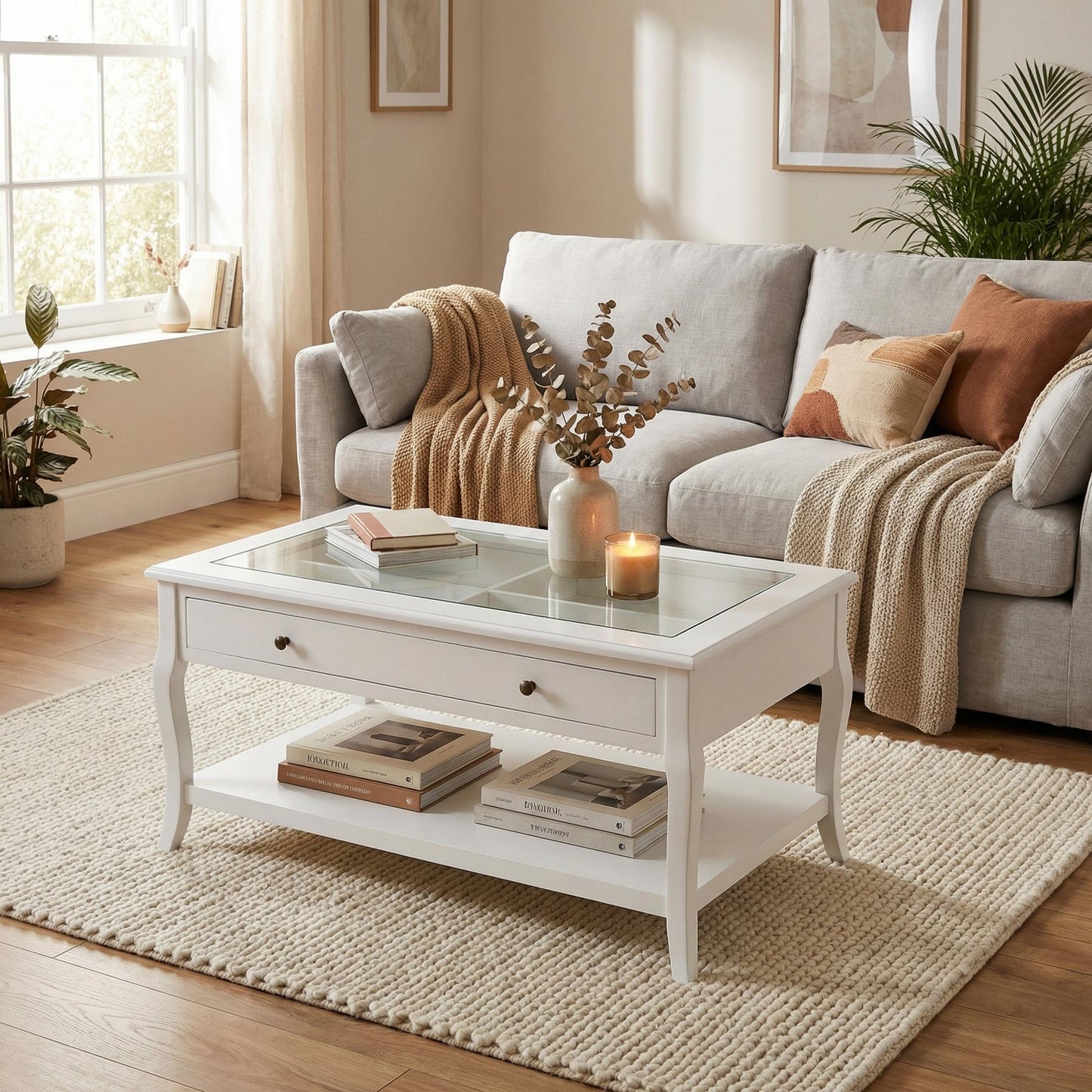 Elegant White Coffee Table with Glass Top and Drawer – XENO