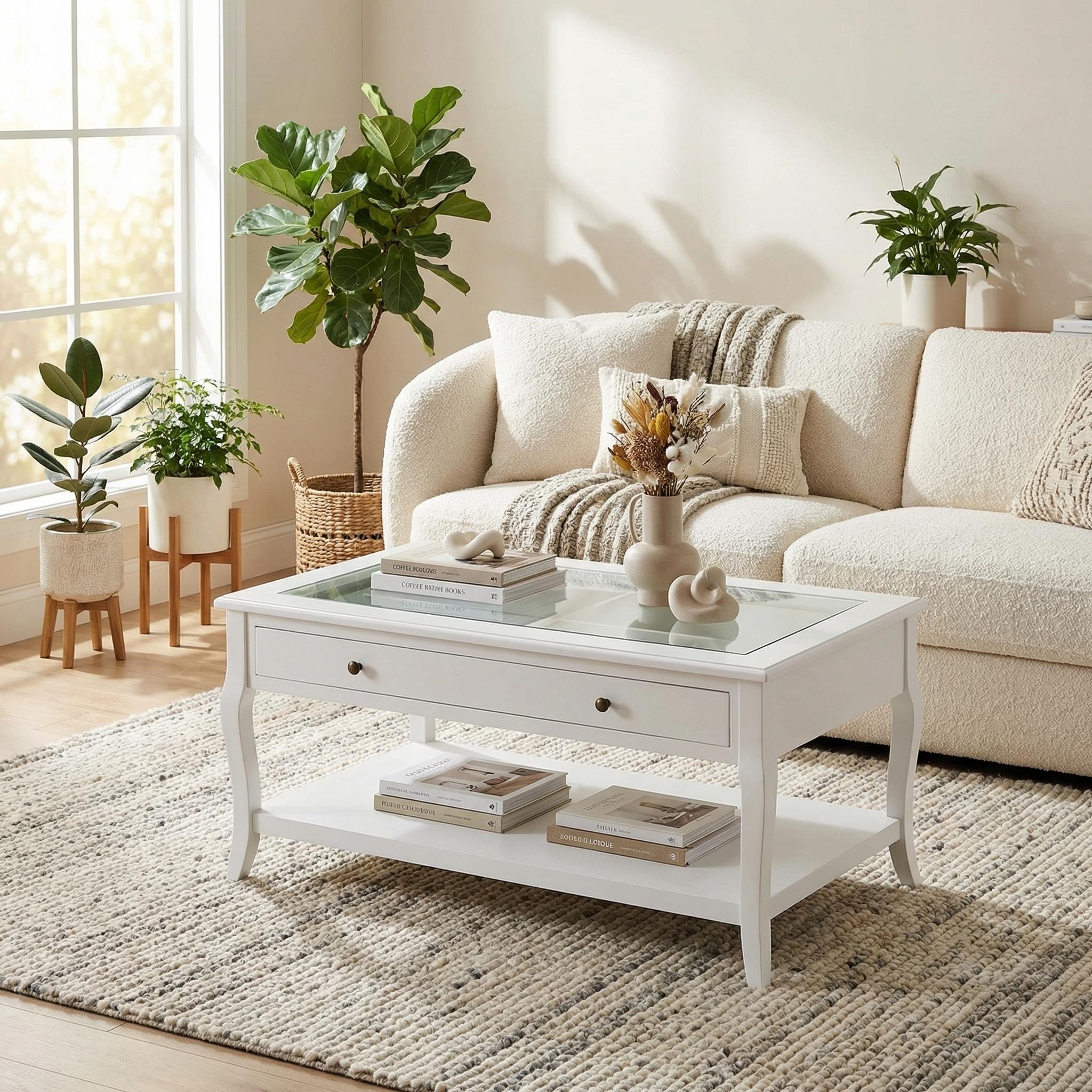 Elegant White Coffee Table with Glass Top and Drawer – XENO
