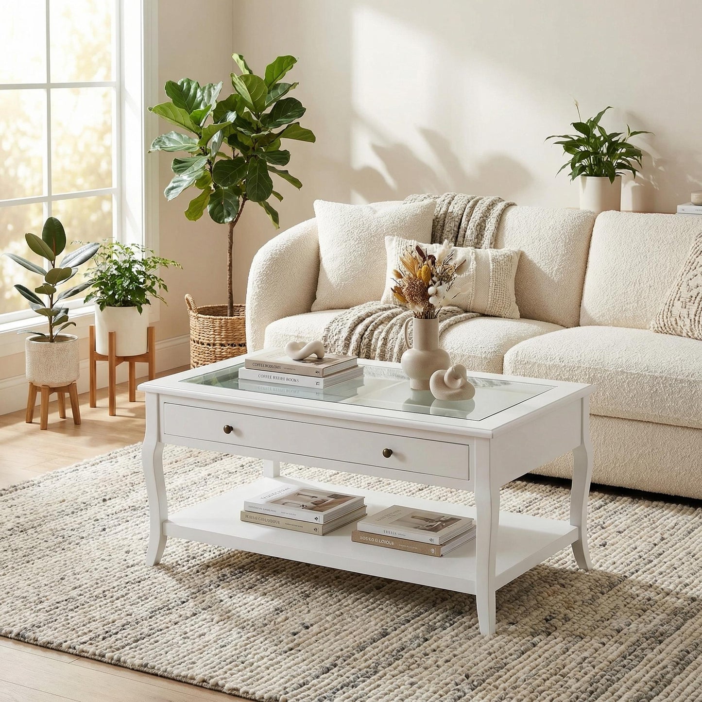 Elegant White Coffee Table with Glass Top and Drawer – XENO