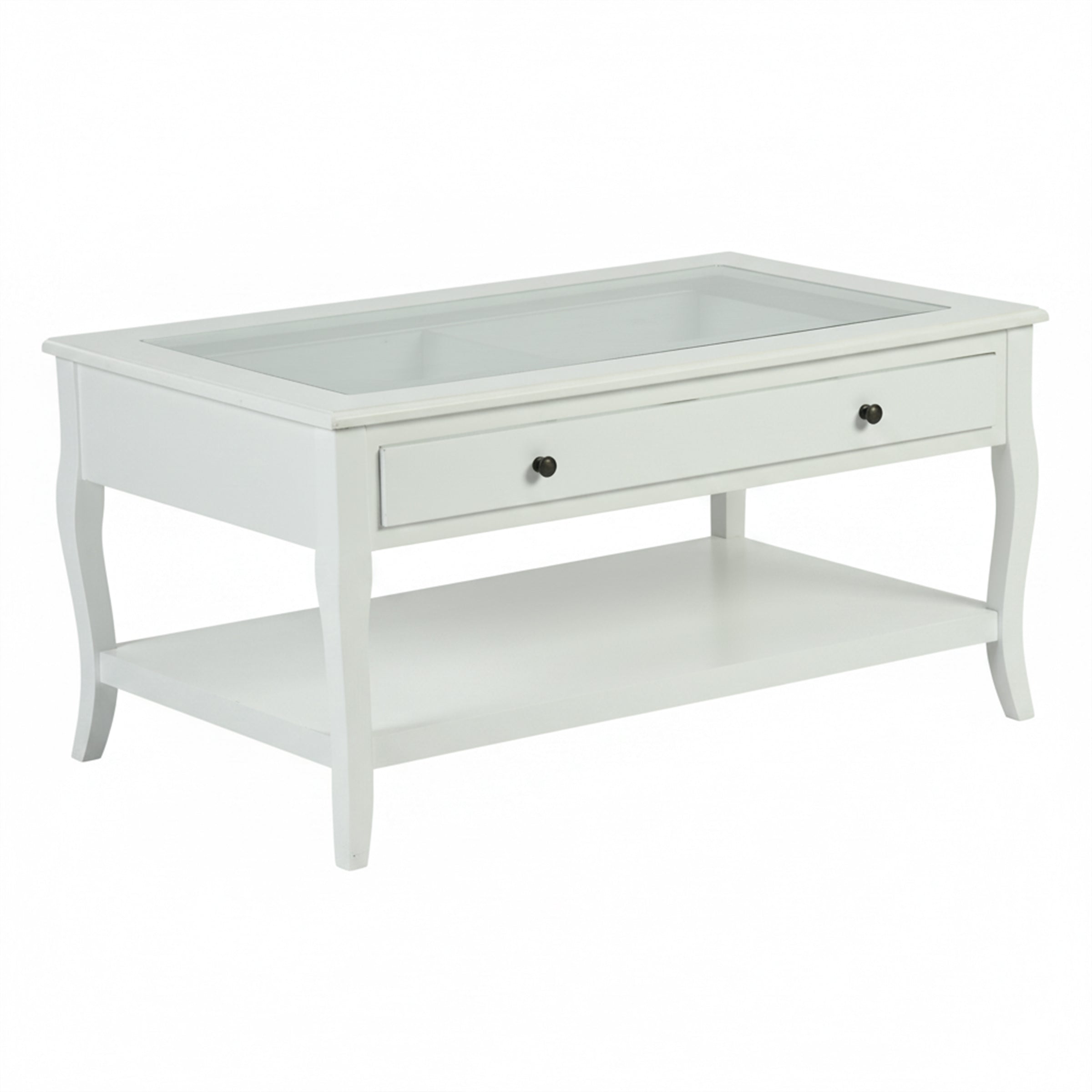 Elegant White Coffee Table with Glass Top and Drawer – XENO
