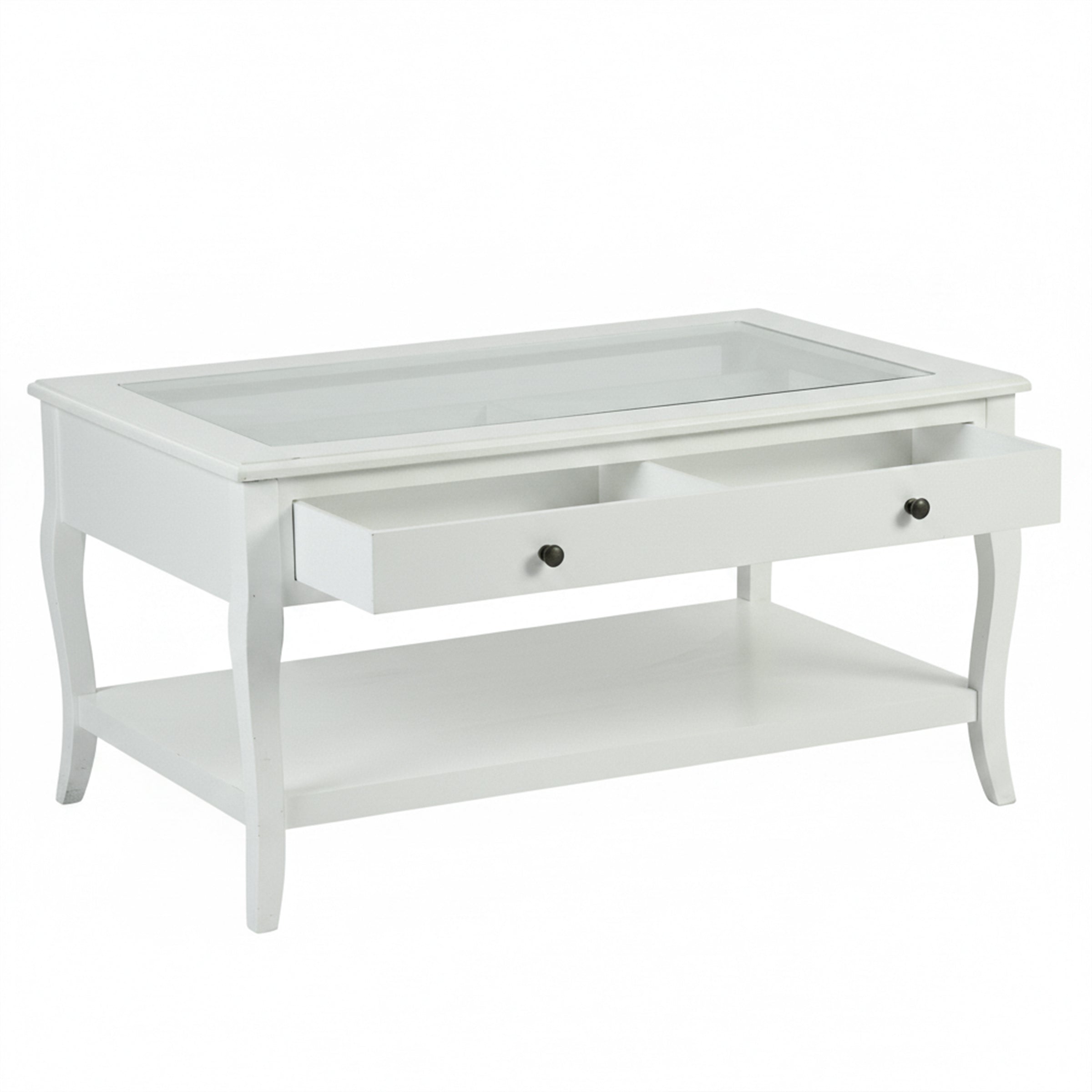 Elegant White Coffee Table with Glass Top and Drawer – XENO