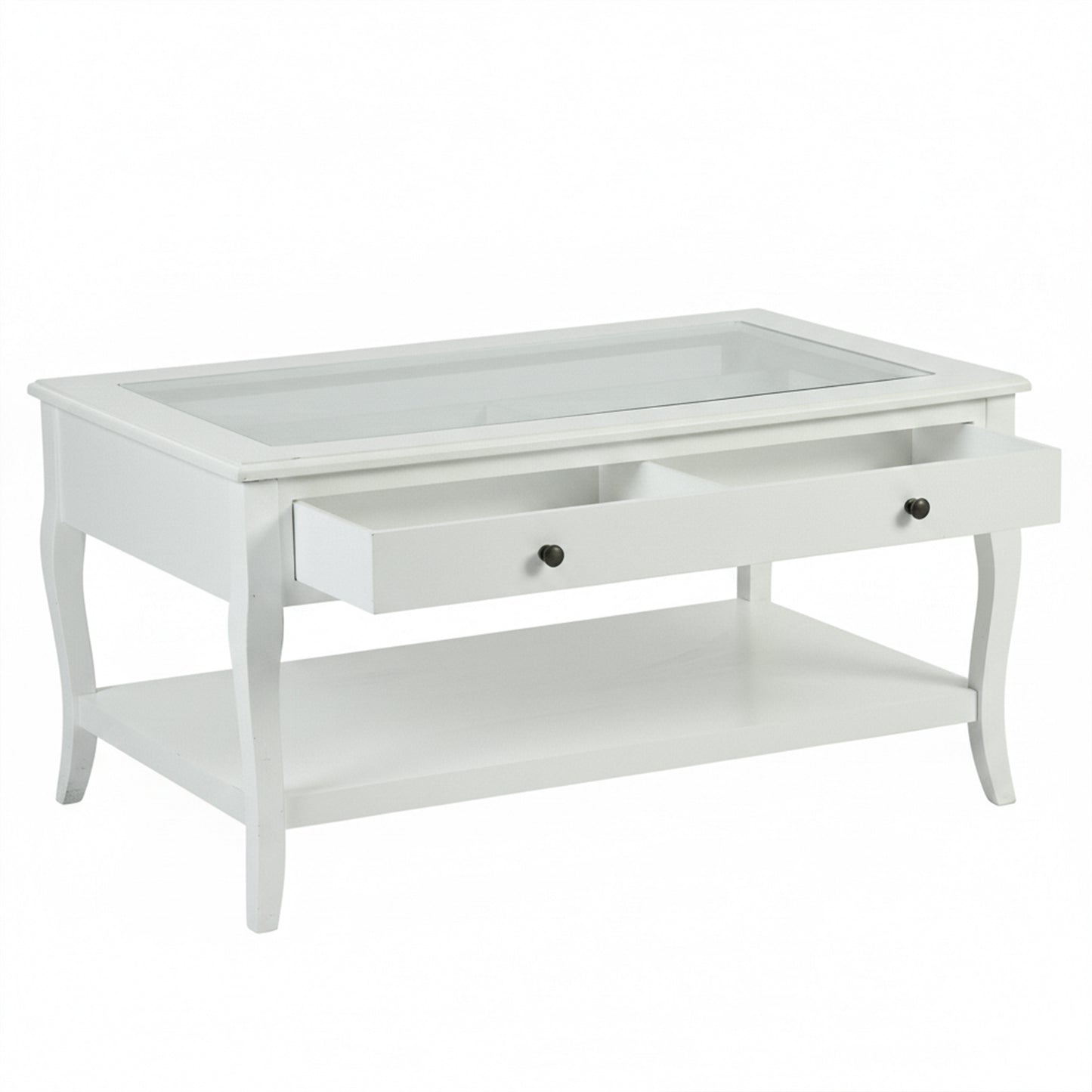 Elegant White Coffee Table with Glass Top and Drawer – XENO