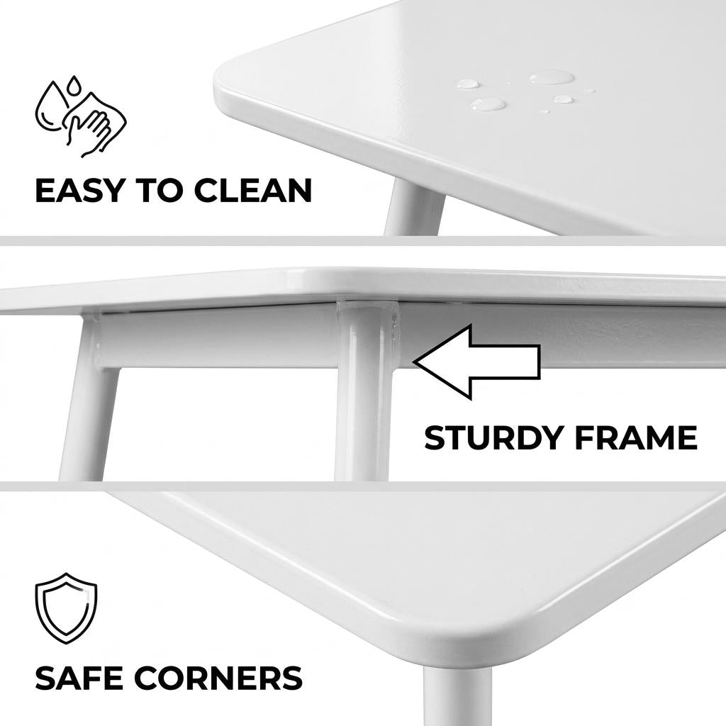 Modern Rectangular Dining Table, White MDF, Steel Support - XUSURS