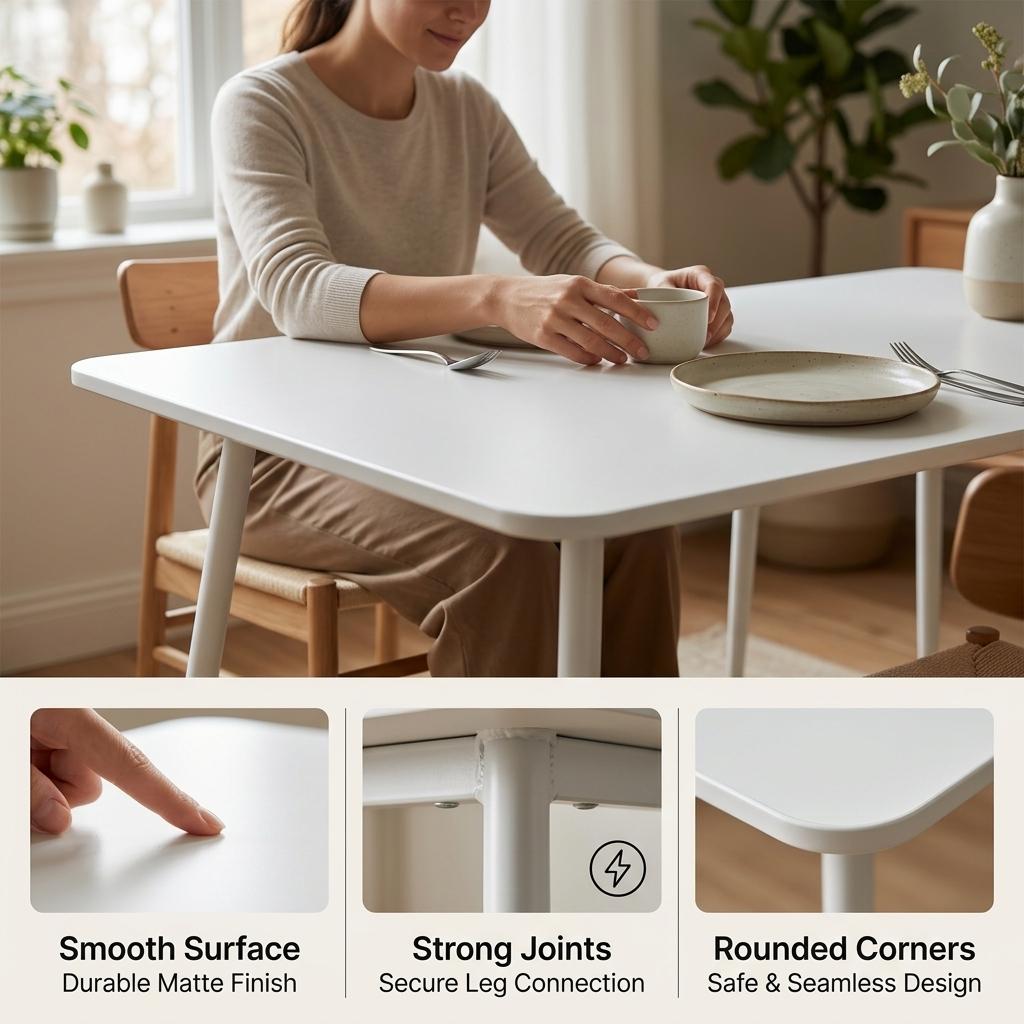 Modern Rectangular Dining Table, White MDF, Steel Support - XUSURS
