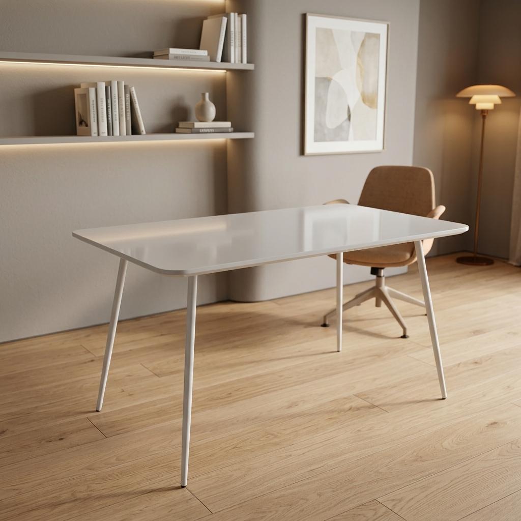 Modern Rectangular Dining Table, White MDF, Steel Support - XUSURS