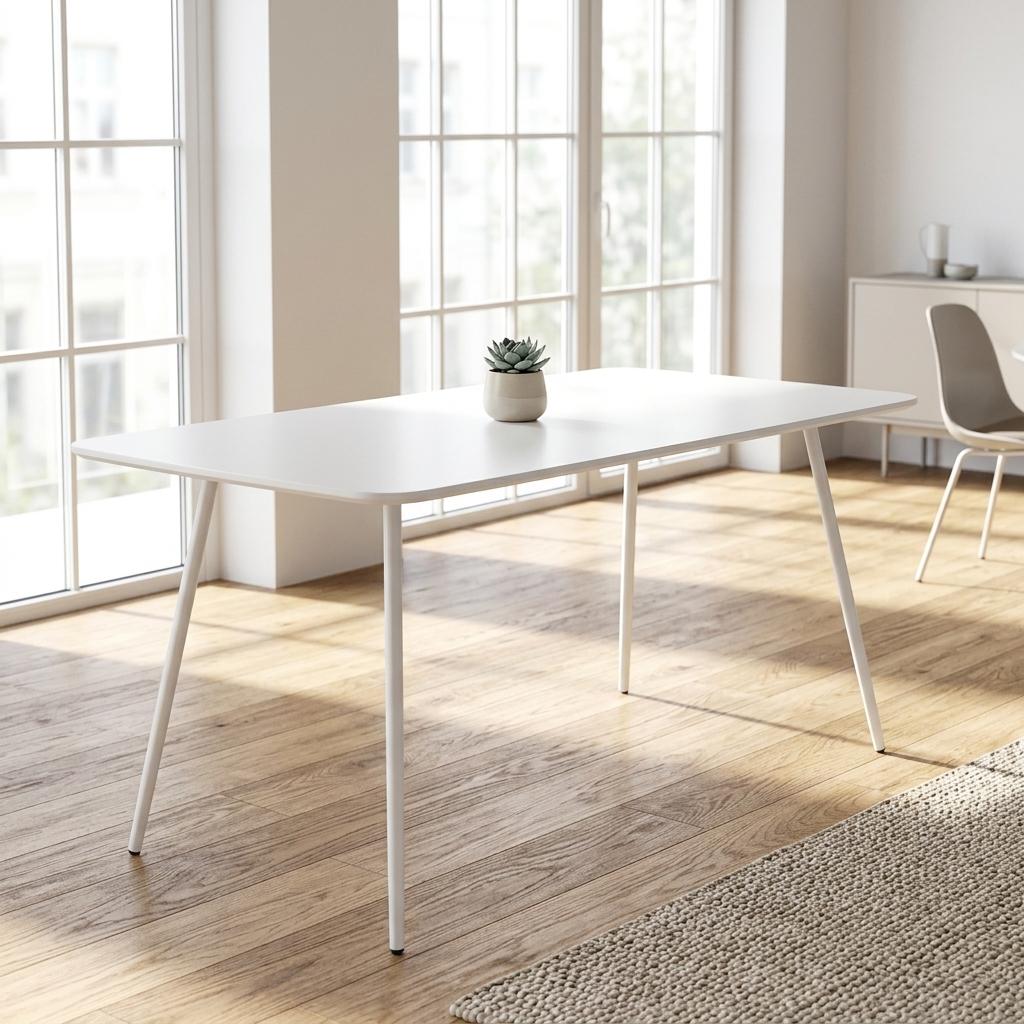 Modern Rectangular Dining Table, White MDF, Steel Support - XUSURS
