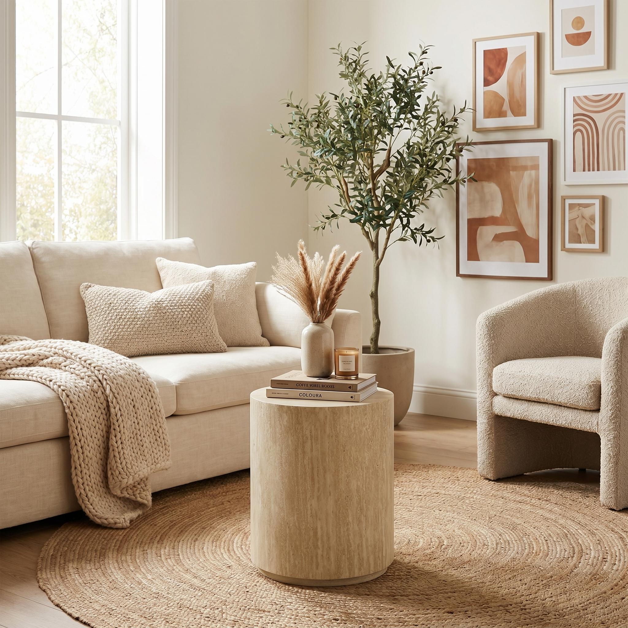 Modern Stone-Look Round Side Table Minimalist Cylinder End Table – YARAQ