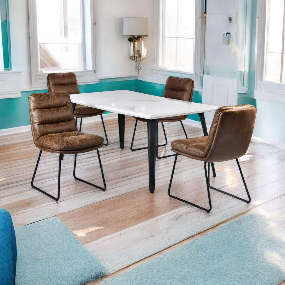 Elegant Dining Set, Modern & Industrial Design, Natural Top Grain Leather, Perfect for Dining Rooms, Sturdy Frame, Sleek White Marble Tabletop