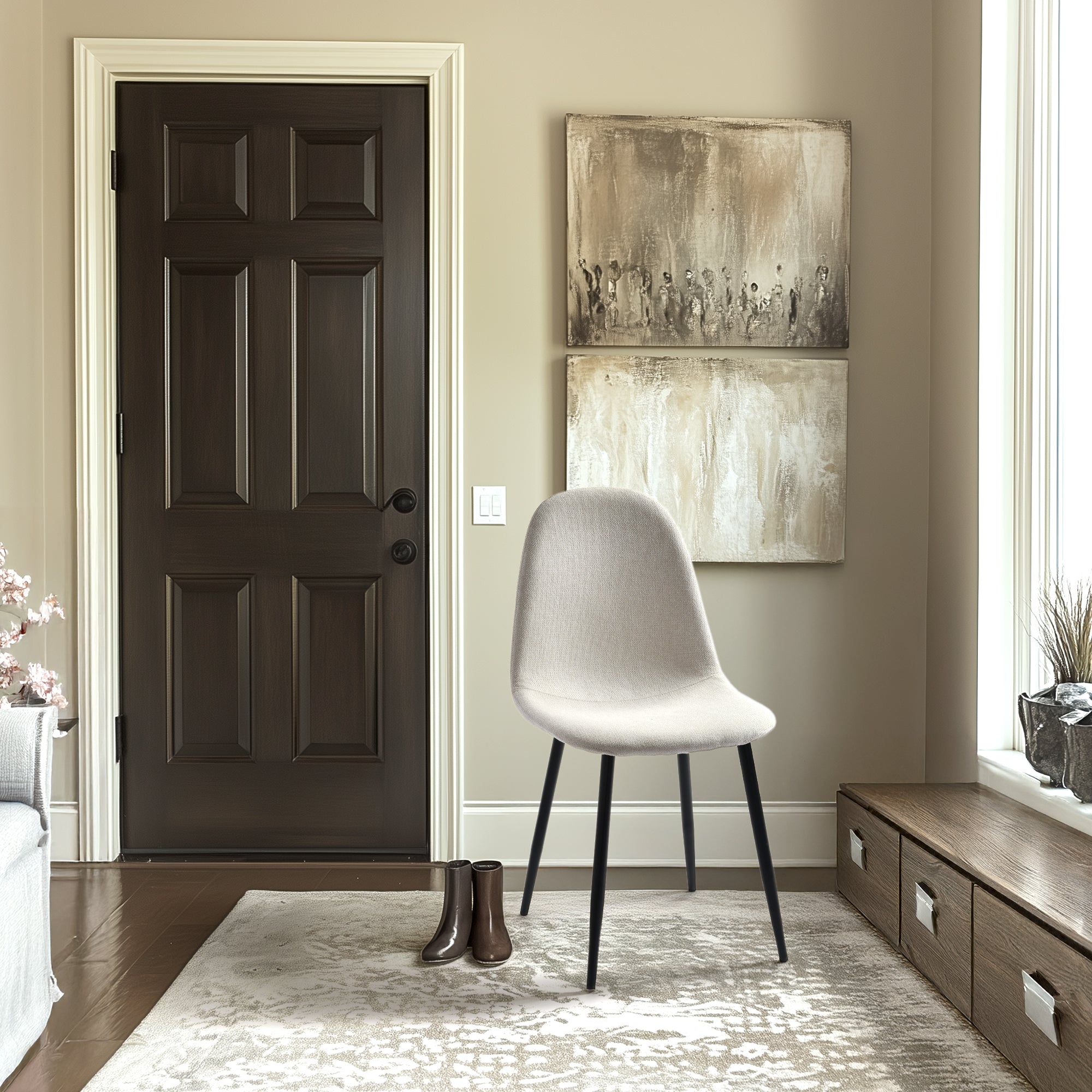 Modern Beige Fabric Dining Chair – Black Metal Leg