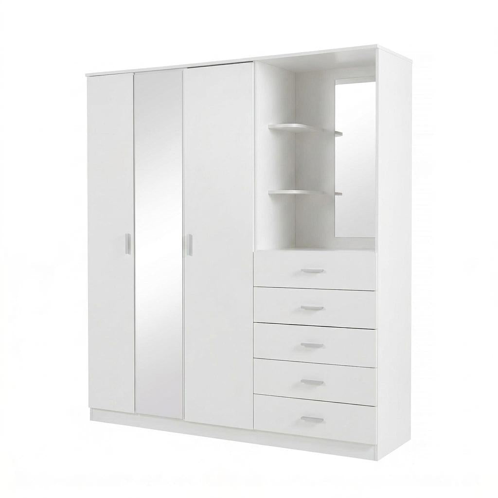 Modern High Gloss Wardrobe, Melamine Finish - CARLETON HIGH GLOSS MIRROR COMBI UNIT