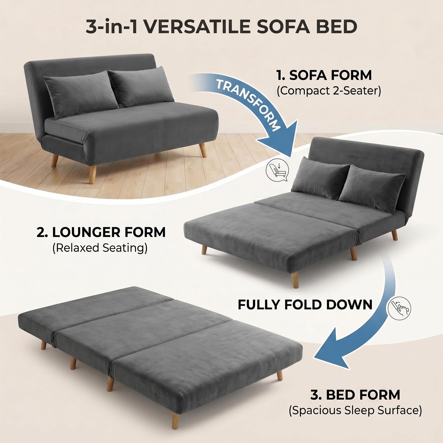 Modern Velvet Sofa, Navy Blue Iron Legs - LENA SOFAB
